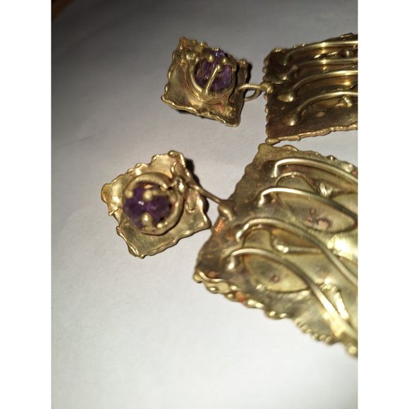 Brutalist Designer Handmade Clip On Earrings Brass and Raw Amethyst Ernandes - Picture 4 of 16